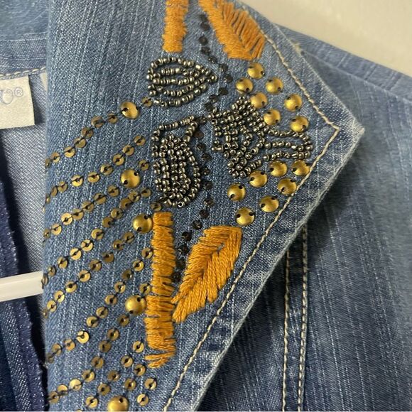 Vintage 90s Bleu Bayou Denim Jacket Medium Blue Embroidered Sequin Mid Length - Picture 4 of 16